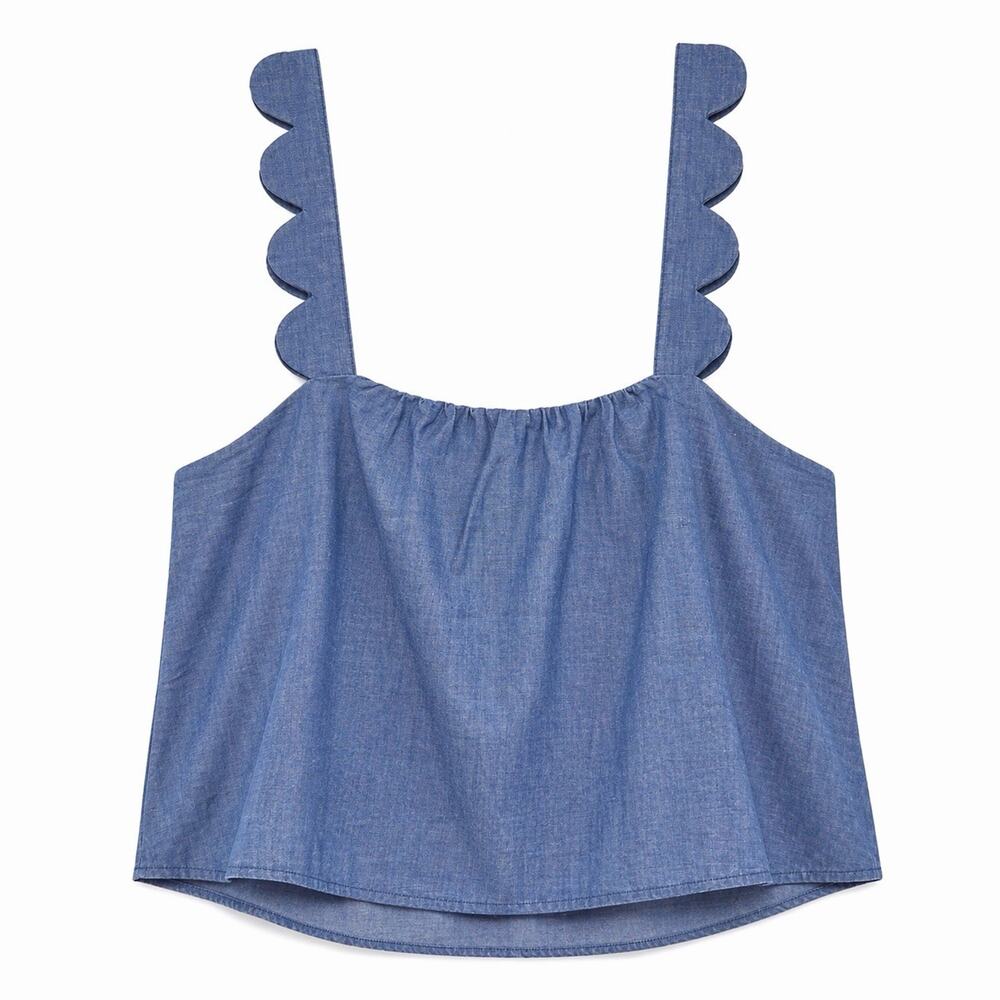 ZARA Blue Denim Cropped Tank Top Scalloped Sleeves Square Neck Size S NWOT - Picture 2 of 5